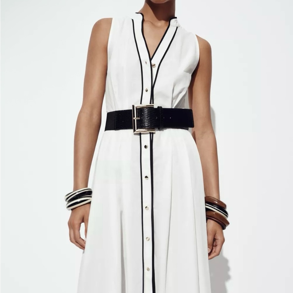 Zara- Contrast trim poplin midi dress- White Sleeveless Dress with Black Trim